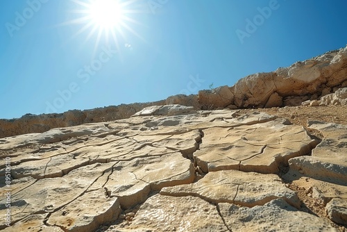 Cracked dry soil in a field under a clear blue sky