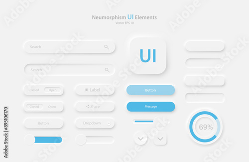 A set of user interface elements for a mobile application in white and blue. Buttons for mobile devices in the style of neumorphism, UI, UX. Vector EPS 10.