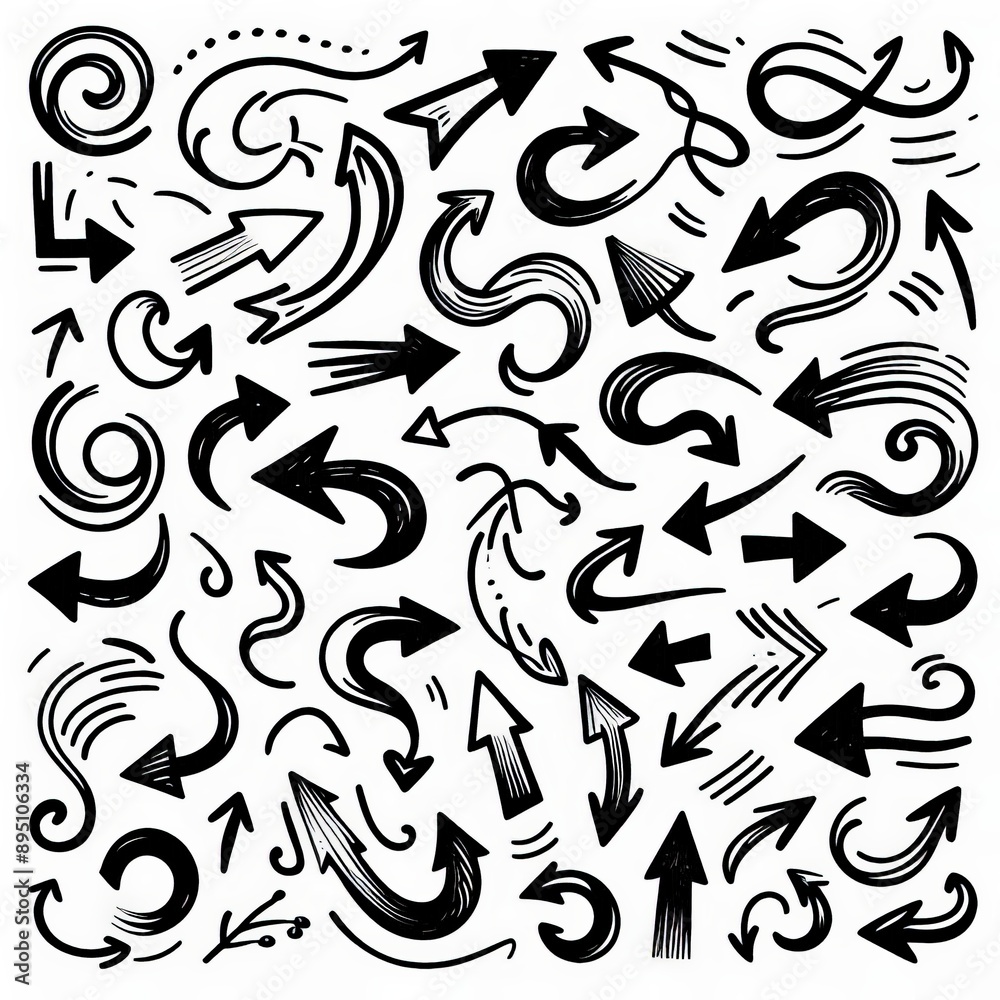 Collection of curved arrows in ink Vector hand drawn sketchy arrows pointing different directions Collection of curved arrows in ink Vector hand drawn sketchy arrows pointing different directions