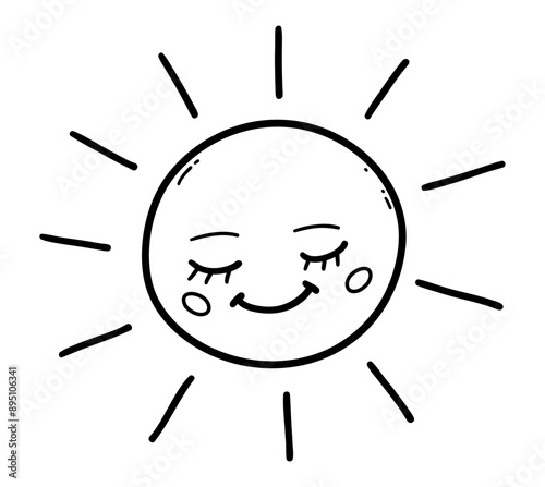 Vector line art illustration of cute Sun character smiling with closed eyes