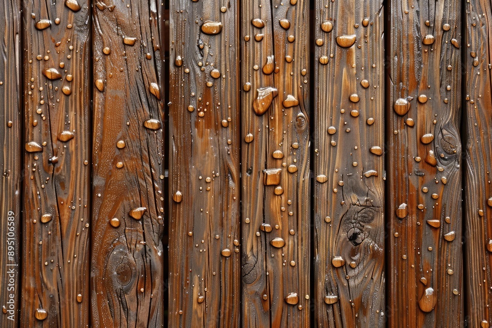 Fototapeta premium Stained Wet Wood Boards. Textured Deck with Water Drops on Wooden Surface
