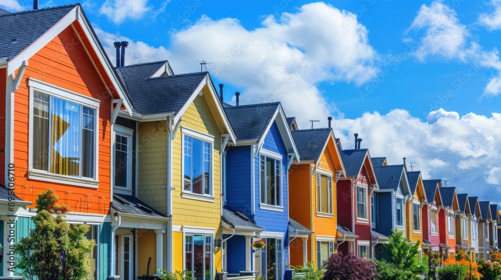 Urban Density. Real Estate Development in a Low-Rise Urban Community with Contemporary Blue Facades Urban Density. Real Estate Development in a Low-Rise Urban Community with Contemporary Blue Facades