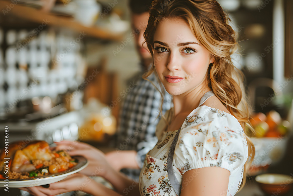 Young woman serving a roast chicken in a rustic kitchen to her husband Young woman serving a roast chicken in a rustic kitchen to her husband