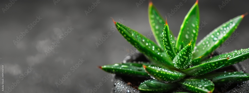 A tight shot of a verdant plant with water droplets on its leaves against a dark backdrop A tight shot of a verdant plant with water droplets on its leaves against a dark backdrop