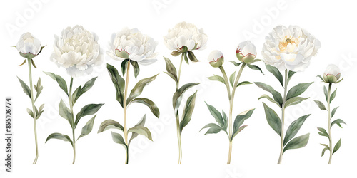 White peony flowers, clipart set, illustration in watercolor style isolated on transparent background for wedding invitation, postcard design, scrapbooking or greeting cards. PNG, cutout.