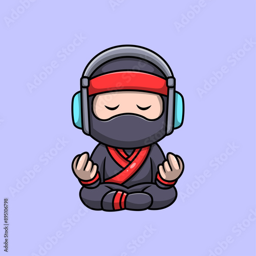 Cute meditate ninja cartoon illustration. yoga icon concept. Flat cartoon style