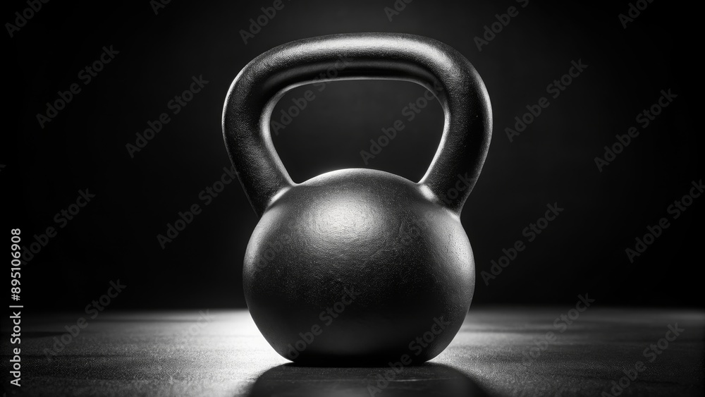 Fototapeta premium Black Kettlebell in Low Light, Black and White, Fitness Equipment, Strength Training, Kettlebell, Weight Training, Workout