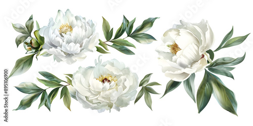 Fototapeta Naklejka Na Ścianę i Meble -  White peony flowers, clipart set, illustration in watercolor style isolated on transparent background for wedding invitation, postcard design, scrapbooking or greeting cards. PNG, cutout.