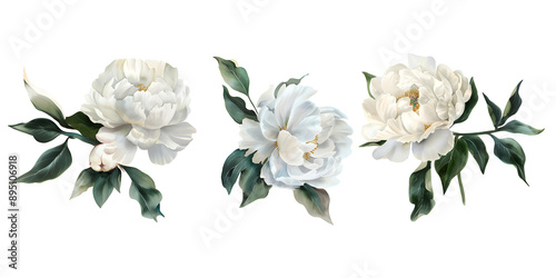 Fototapeta Naklejka Na Ścianę i Meble -  White peony flowers, clipart set, illustration in watercolor style isolated on transparent background for wedding invitation, postcard design, scrapbooking or greeting cards. PNG, cutout.