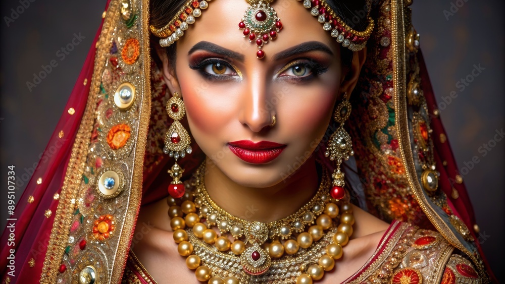 Bridal Beauty Indian Woman in Red and Gold Sari with Intricate Jewelry, Sari , Jewelry , Bridal , Indian Culture Bridal Beauty Indian Woman in Red and Gold Sari with Intricate Jewelry, Sari , Jewelry , Bridal , Indian Culture