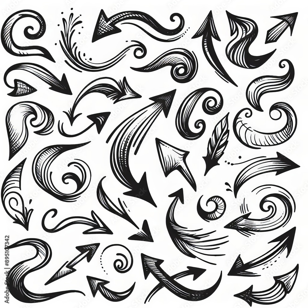 Collection of curved arrows in ink Vector hand drawn sketchy arrows pointing different directions Collection of curved arrows in ink Vector hand drawn sketchy arrows pointing different directions