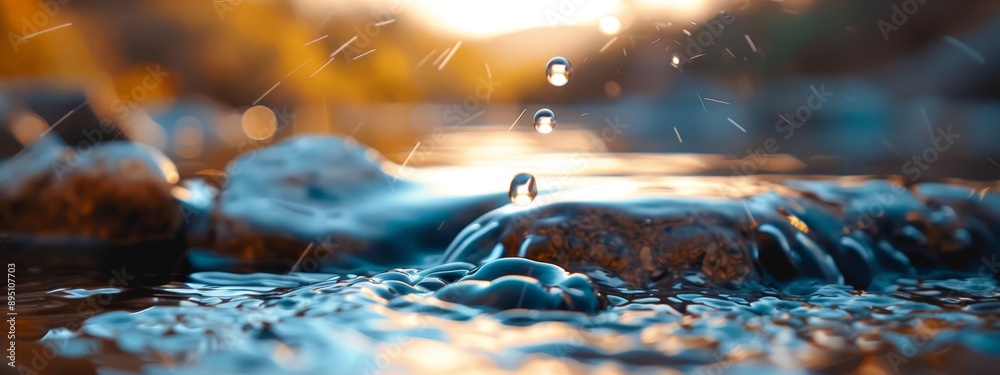  A tight shot of a cascading water stream, displaying drops detaching from the surface of preceding droplets
