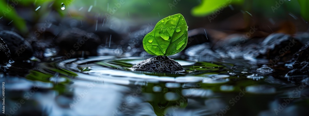 A green leaf hovering above still water, delicately balanced atop a solitary droplet below A green leaf hovering above still water, delicately balanced atop a solitary droplet below