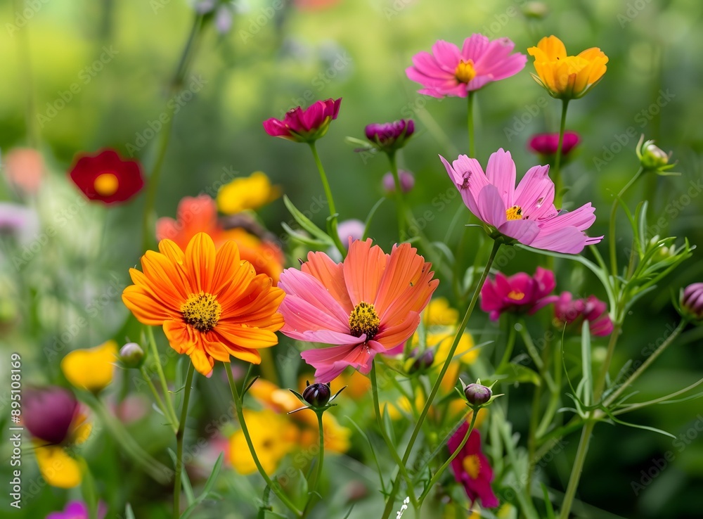 Colorful Cosmos Flowers Blooming in a Garden Colorful Cosmos Flowers Blooming in a Garden