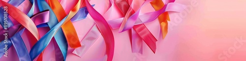 Wallpaper Mural National Cancer Awareness Month. Colorful Ribbons on Pink Panoramic Banner for World Cancer Day and Autism Awareness Torontodigital.ca