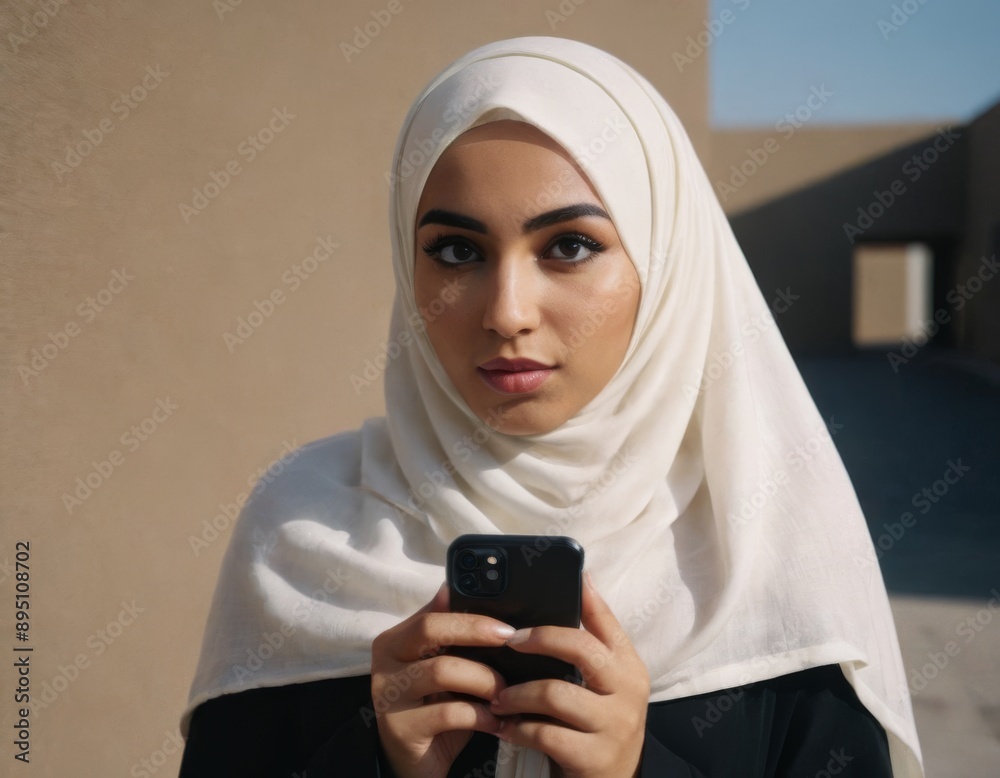 a muslim woman waring hijab holding a phone while staring a muslim woman waring hijab holding a phone while staring