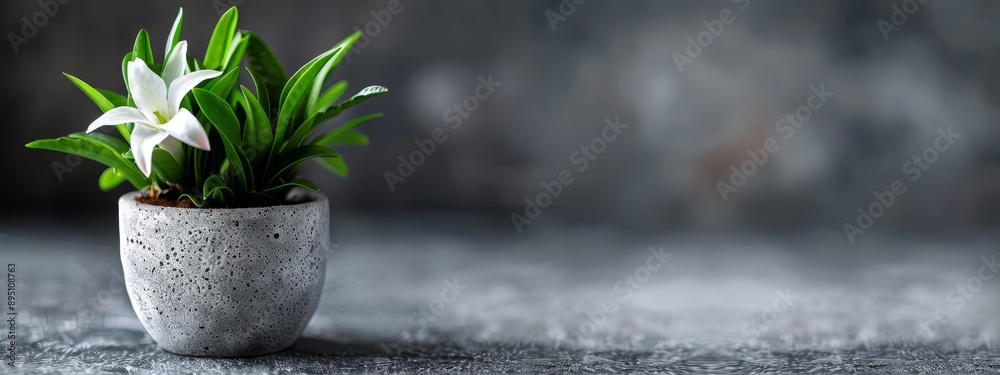A tight shot of a blooming potted plant against a gray wall backdrop, placed on a table A tight shot of a blooming potted plant against a gray wall backdrop, placed on a table
