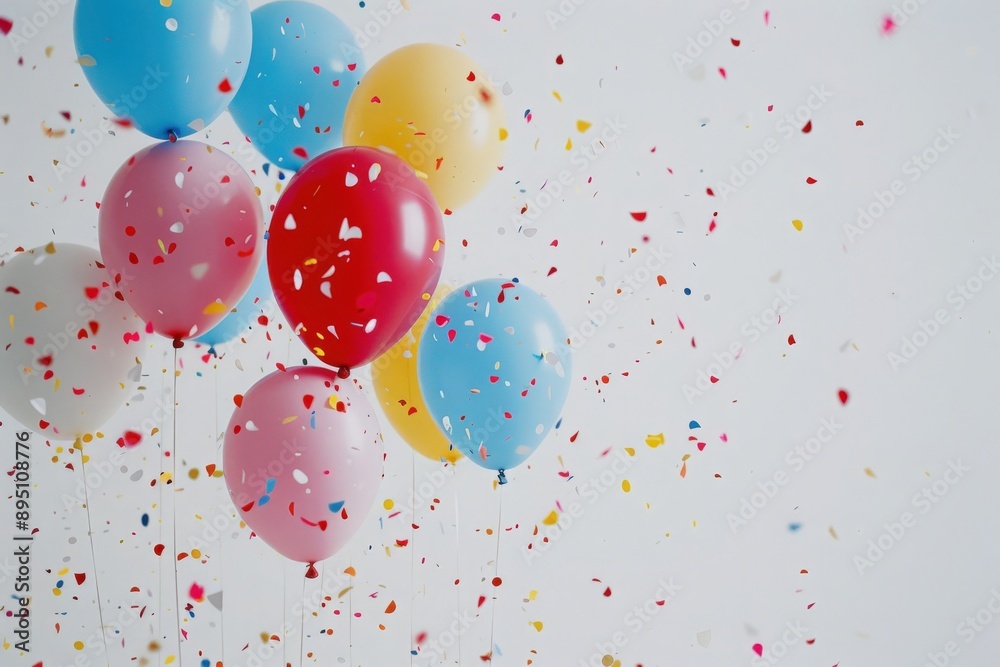 A cluster of colorful balloons floats against a white background, surrounded by falling confetti, creating a festive and joyous atmosphere. A cluster of colorful balloons floats against a white background, surrounded by falling confetti, creating a festive and joyous atmosphere.