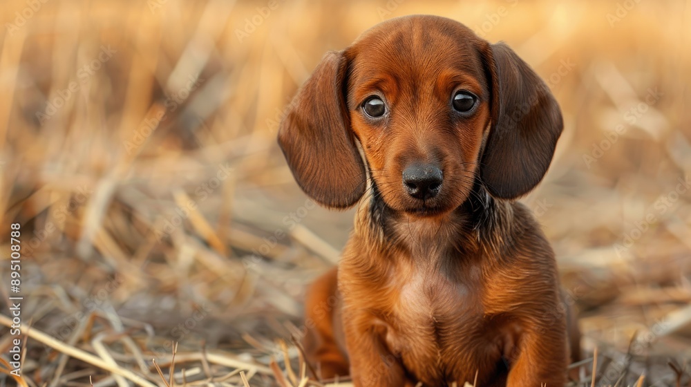 Red Dachshund puppy poses for the camera in front of dry grass Red Dachshund puppy poses for the camera in front of dry grass