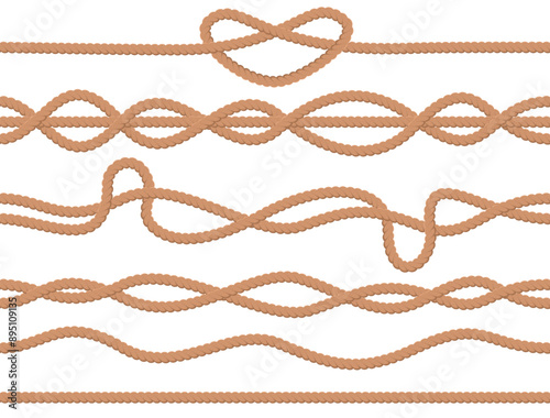 Seamless ropes. Sailor twisted cords. Nautical jute twine borders with loops. Sea knots and weaves. Nautical braided cables. Intertwined cordage. Decorative curved thread frames vector set