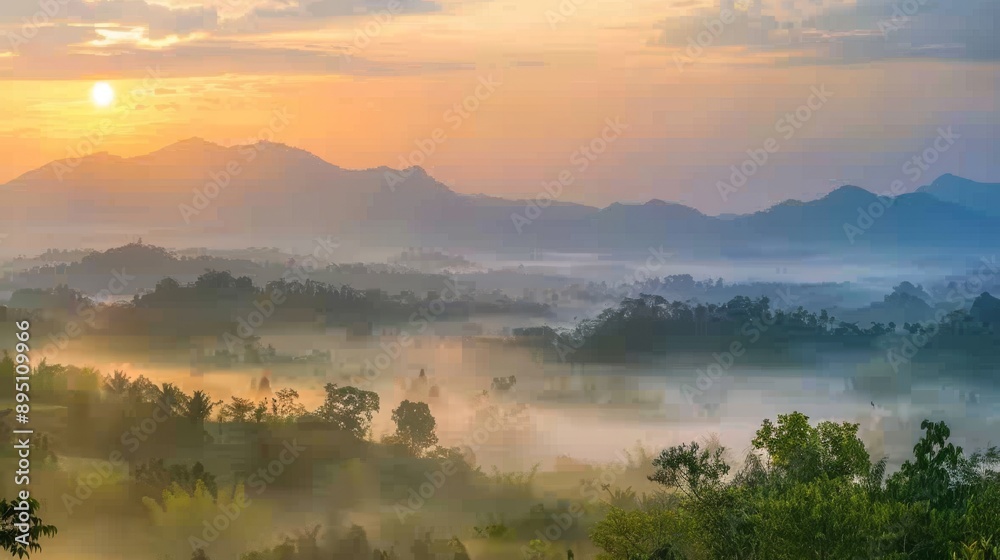 Obraz premium Beautiful Sunrise Sky with Sea of the mist of fog in the morning on Khao Luang mountain in Ramkhamhaeng National Park,Sukhothai province Thailand 