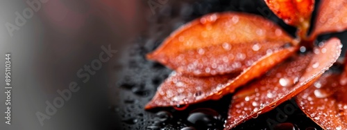  A macrop shot of a bloom with dewdrops on it and a hazy backdrop of water beads on its petals photo