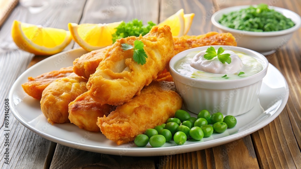 Crispy Fried Fish with Creamy Sauce and Green Peas on White Plate, fish , fried , food , dinner Crispy Fried Fish with Creamy Sauce and Green Peas on White Plate, fish , fried , food , dinner