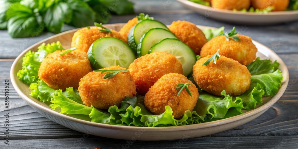 Crispy Fried Bites with Cucumber and Lettuce on a Plate, food photography, fried food, appetizers, snack , cuisine Crispy Fried Bites with Cucumber and Lettuce on a Plate, food photography, fried food, appetizers, snack , cuisine
