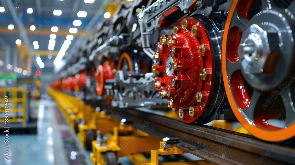 Fototapeta premium A train with red wheels is on display in a factory