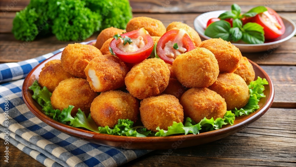 Crispy Fried Potato Balls with Tomato and Basil Garnish, Potato Balls, Fried Food, Appetizer, Snack Crispy Fried Potato Balls with Tomato and Basil Garnish, Potato Balls, Fried Food, Appetizer, Snack