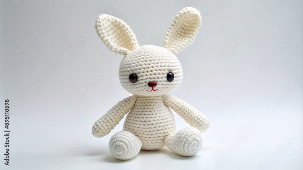 Crocheted White Bunny Sitting on a White Background, Crochet , Bunny , Toy , Stuffed Animal Crocheted White Bunny Sitting on a White Background, Crochet , Bunny , Toy , Stuffed Animal