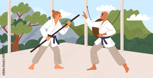 Oriental martial art. Karate fighters sparring. Athletes in kimonos train in nature. Taichi workout. Wushu hit exercises with staves. Judo fighting competition. Garish vector concept