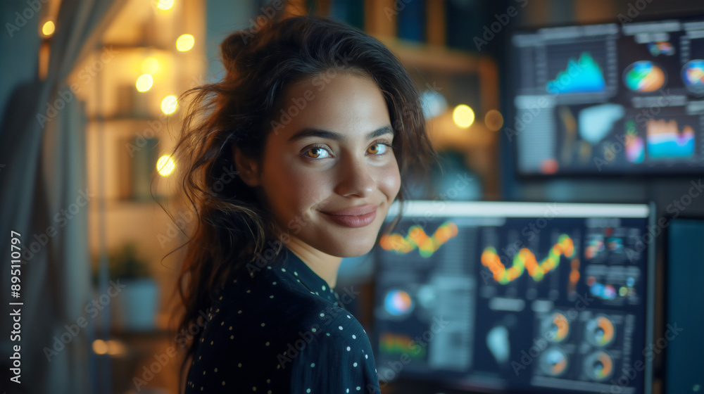 Young Hispanic woman working at home office computer, remote work, with graphs and data, copy space Young Hispanic woman working at home office computer, remote work, with graphs and data, copy space