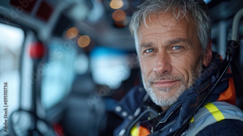 Mature Man With Grey Hair Smiling Inside a Vehicle © jul_photolover
