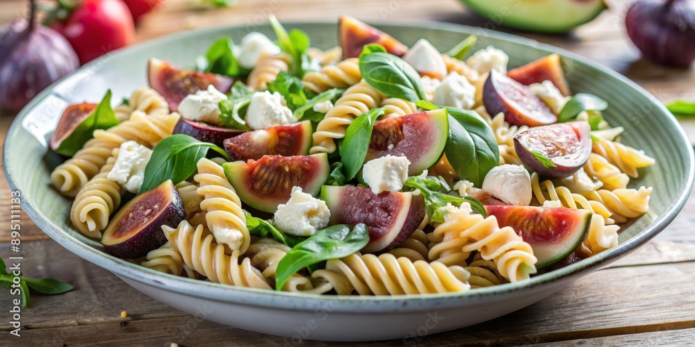 Fig and Feta Pasta Salad with Basil, Close-up, Green Bowl, Wooden Background, pasta salad, fig salad, feta salad Fig and Feta Pasta Salad with Basil, Close-up, Green Bowl, Wooden Background, pasta salad, fig salad, feta salad