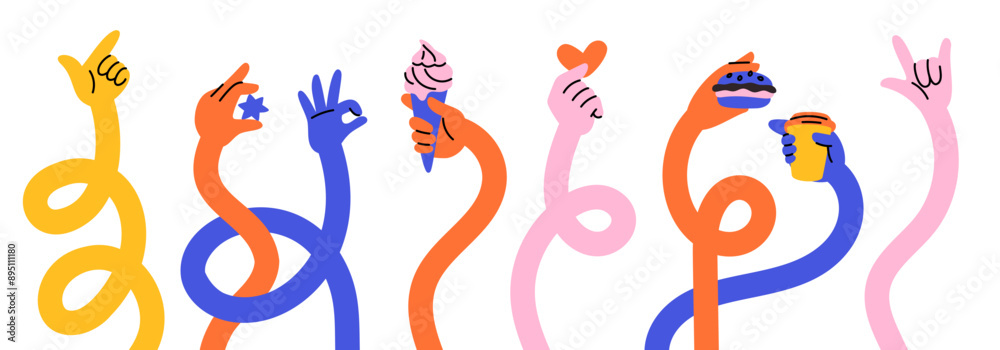 Multicolored stretched hands. Cartoon long human arms hold different items. Groovy hippie style. Various gestures. Pointing forefinger. Weaving and twisting color limbs. Garish vector set Multicolored stretched hands. Cartoon long human arms hold different items. Groovy hippie style. Various gestures. Pointing forefinger. Weaving and twisting color limbs. Garish vector set