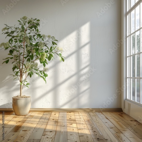 Empty Room Interior with White Wall and Wooden Floor, Sunlit Plant in Flowerpot on Left Side, Mockup Template for Home Decoration or Furniture Product Design

