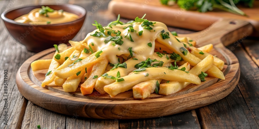 Golden French Fries with Cheese Sauce and Parsley on Wooden Board, french fries , cheese sauce , parsley , wooden board Golden French Fries with Cheese Sauce and Parsley on Wooden Board, french fries , cheese sauce , parsley , wooden board