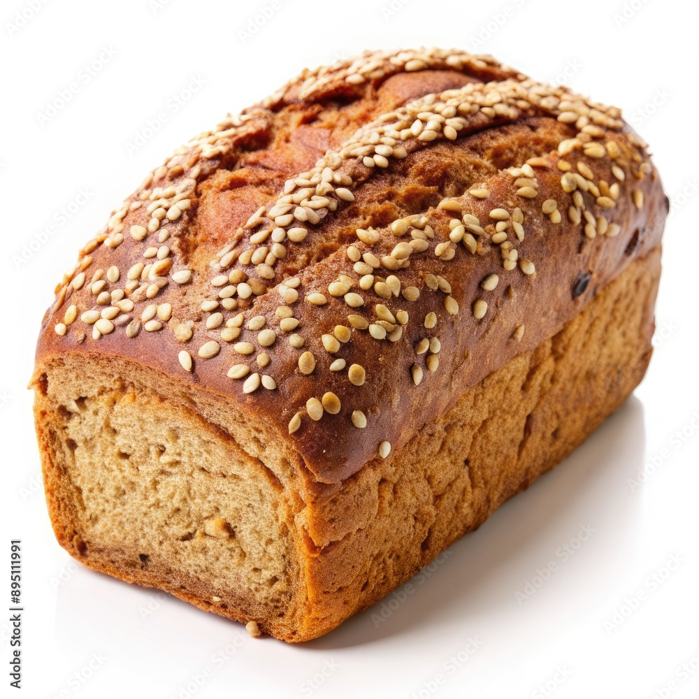 Freshly Baked Whole Grain Bread With Sesame Seeds on White Background. Generative AI Freshly Baked Whole Grain Bread With Sesame Seeds on White Background. Generative AI