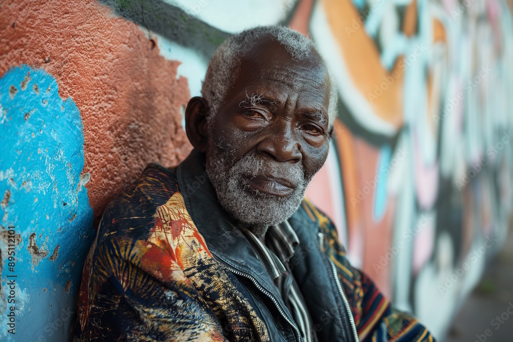 Elderly African American man leaning against colorful wall. Concept for reflection, wisdom, and urban senior life Elderly African American man leaning against colorful wall. Concept for reflection, wisdom, and urban senior life