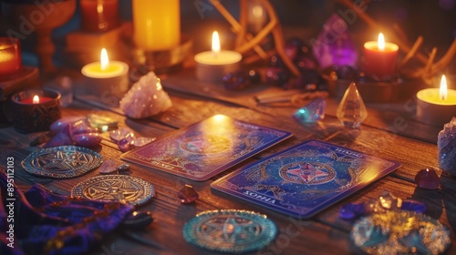 Mystical Tarot Card Spread on Wooden Table with Crystals and Candles for Spiritual Guidance and Divination