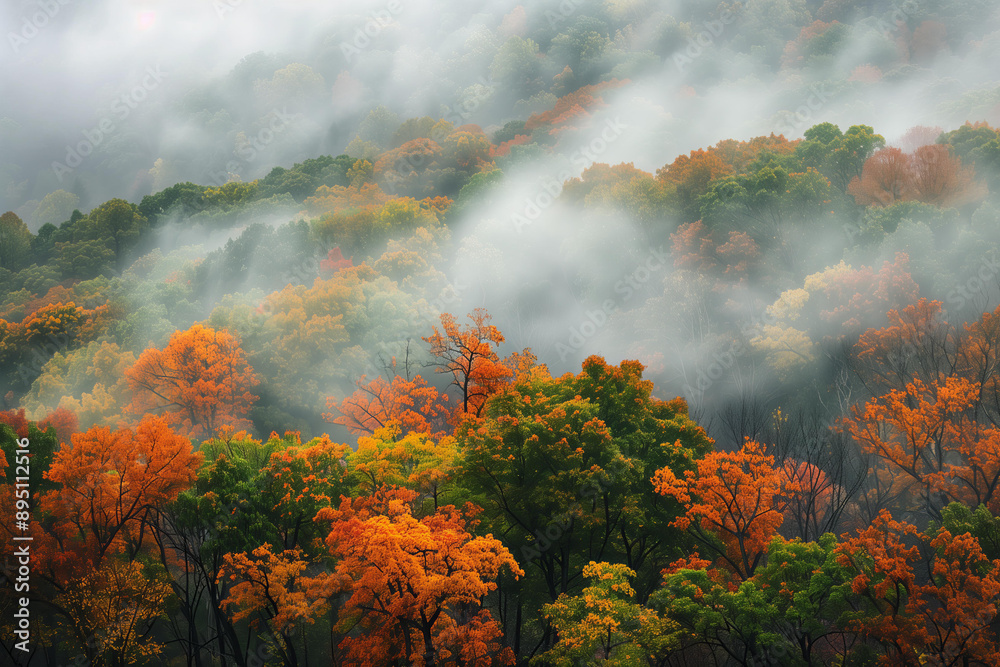 morning, mist filled in front of dense forests with autumn trees.foggy clouds, warm landscape, wallpaper, backgrounds morning, mist filled in front of dense forests with autumn trees.foggy clouds, warm landscape, wallpaper, backgrounds