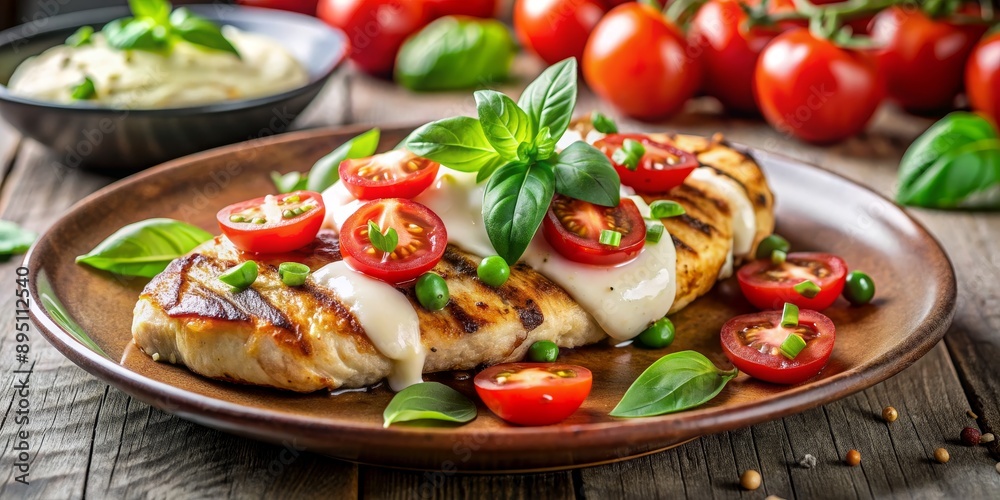 Grilled Chicken with Basil, Tomato, and Creamy Sauce, chicken , tomato , basil , grilled Grilled Chicken with Basil, Tomato, and Creamy Sauce, chicken , tomato , basil , grilled