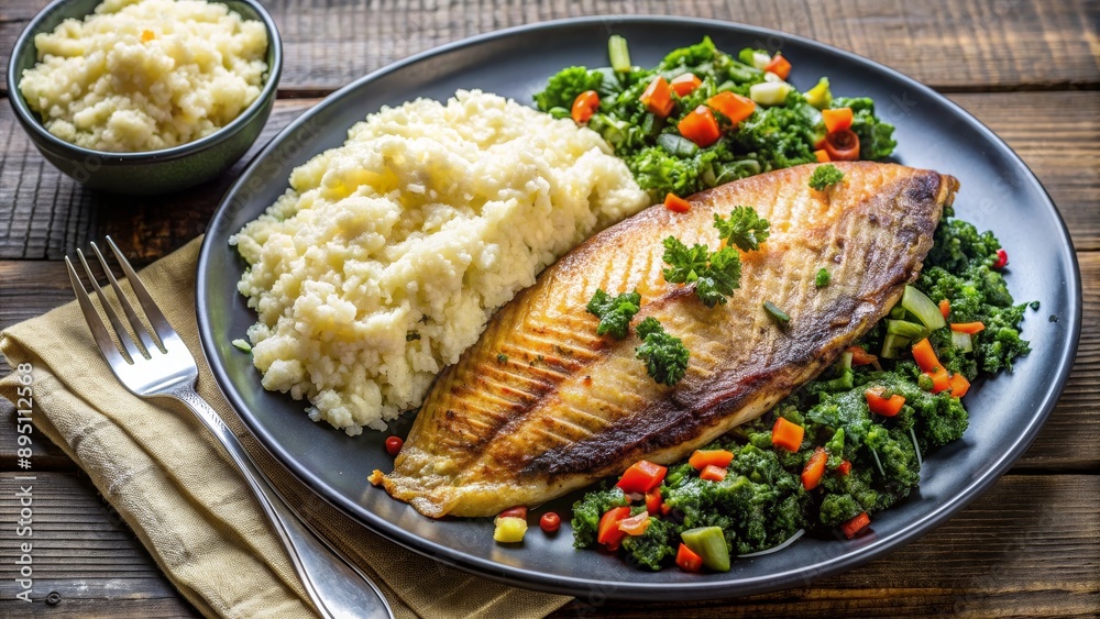 Grilled Fish with Mashed Potatoes and Sauteed Greens, food photography , dinner recipe, healthy meal , fish dish Grilled Fish with Mashed Potatoes and Sauteed Greens, food photography , dinner recipe, healthy meal , fish dish