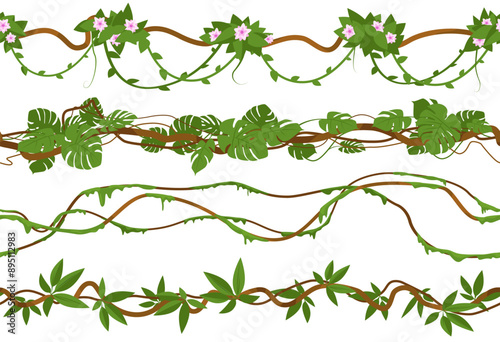 Jungle lianas borders. Cartoon branches and tropical leaves. Rainforest plant foliage. Intertwining creepers. Curly stems. Summer forest moss. Climbing vine. Vector ivy elements set