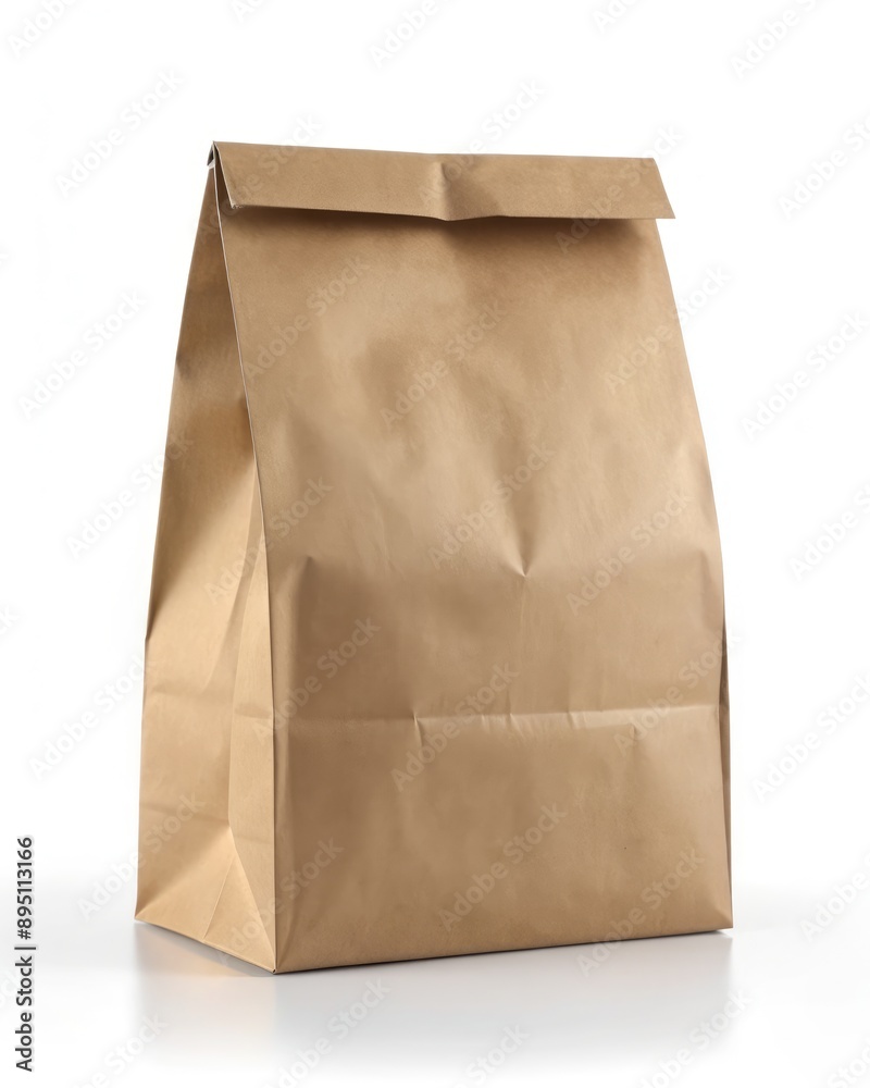 Single Empty Brown Paper Fast Food Bag on White Background. Generative AI Single Empty Brown Paper Fast Food Bag on White Background. Generative AI