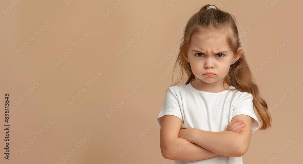 little girl is standing with her arms crossed and looking at the camera, on a beige background. The child looks angry or grumpy. little girl is standing with her arms crossed and looking at the camera, on a beige background. The child looks angry or grumpy.