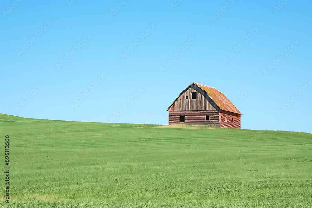A solitary barn overlooks a wide green field under a clear blue sky A solitary barn overlooks a wide green field under a clear blue sky