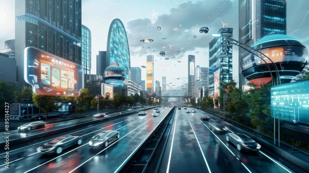 Obraz premium A futuristic cityscape with digital billboards and autonomous vehicles