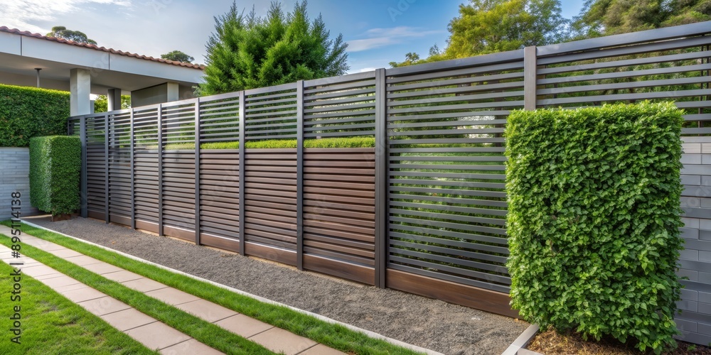 Modern Slatted Fence and Lush Greenery, garden design, privacy fence, outdoor decor, landscape architecture Modern Slatted Fence and Lush Greenery, garden design, privacy fence, outdoor decor, landscape architecture